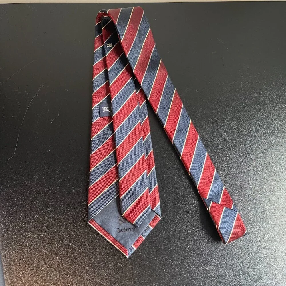 Burberrys Vintage 100% Silk Men's Striped Necktie, Red/White/Blue - Preowned